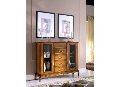 Vitrina de madera marrón exclusiva con cajones en estilo de muebles clásico.