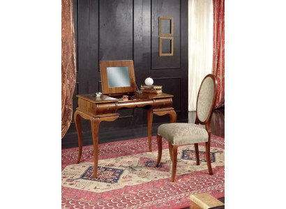 Mesa de tocador exclusiva, silla marrón disponible a pedido.