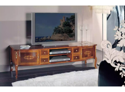 Clásica estantería de TV de madera para sala de estar en color marrón. Mueble aparador cómodas.