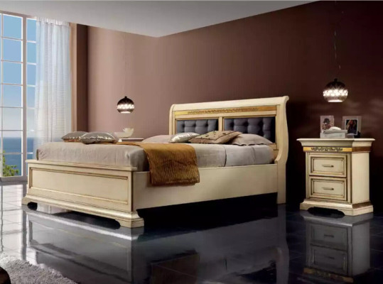 Diseño completo del dormitorio, Cama de lujo moderna, 2 mesitas de noche, Cómoda.