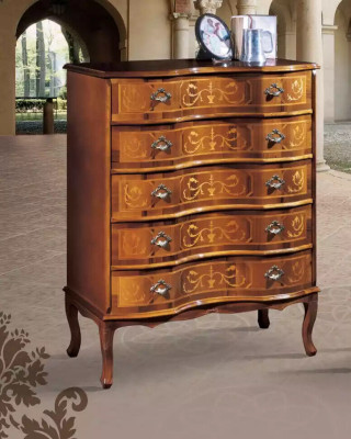 Clásico cómoda marrón de cinco cajones, muebles de madera de diseño nuevos.