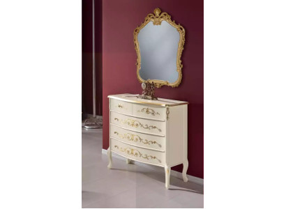 Salón clásico blanco de madera con cómoda de consola de cajones de diseño nuevo.