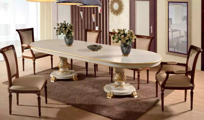 Mesa de comedor de lujo ovalada blanca de madera italiana estilo Art déco nueva.