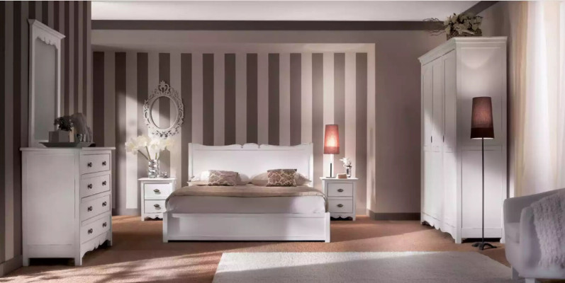 Conjunto de cama moderna para dormitorio con 2 mesitas de noche, cómoda y armario.