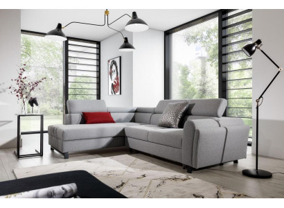 Conjunto de sofá en forma de L con sillón moderno y tapizado textil.