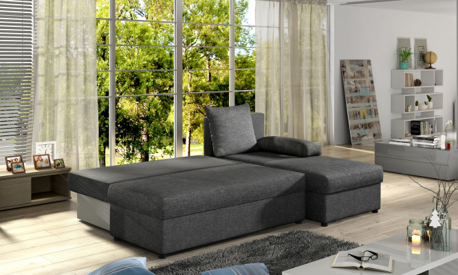 Sofá cama moderno de esquina tapizado en tela con asientos acolchados de cuero y tela.