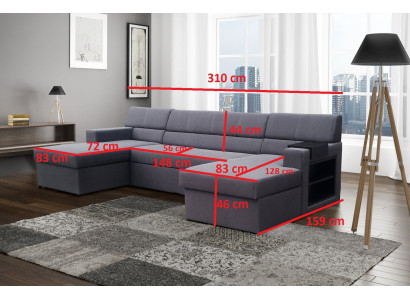 Diseño de sofá en forma de U Markos con función de cama, tapicería de cuero y tela.