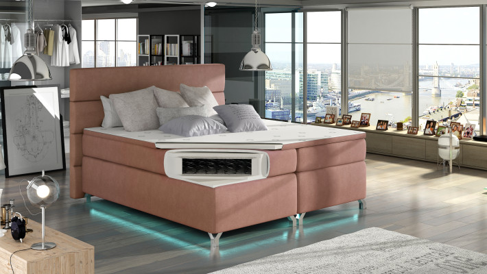 Cama boxspring de 180x200cm con caja de almacenamiento de cuero de hotel completa y topper.