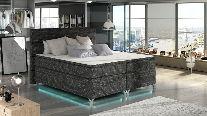 Cama boxspring de 180x200cm con caja de almacenamiento de cuero de hotel completa y topper.