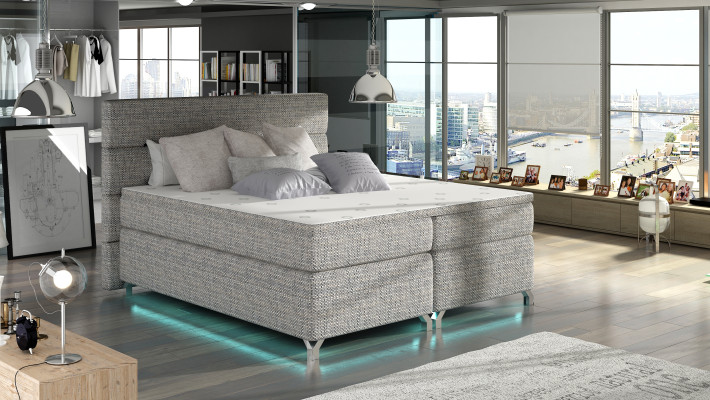 Cama boxspring de 180x200cm con caja de almacenamiento de cuero de hotel completa y topper.