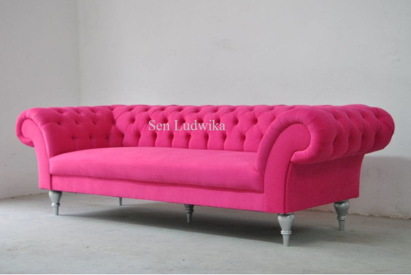 Sofá de diseño de tela, tapizado de sofá moderno, sofá Chesterfield de 3 plazas en rosa.