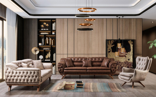 Chesterfield de 3 plazas en beige diseño de sofás acolchados de tela.