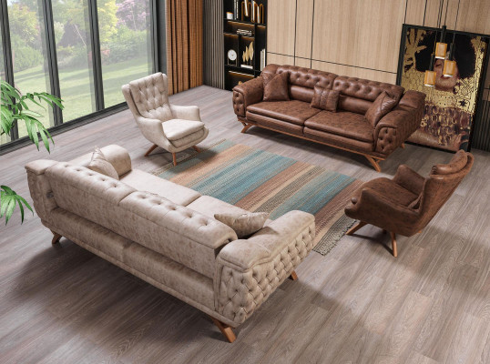 Chesterfield de 3 plazas en beige diseño de sofás acolchados de tela.