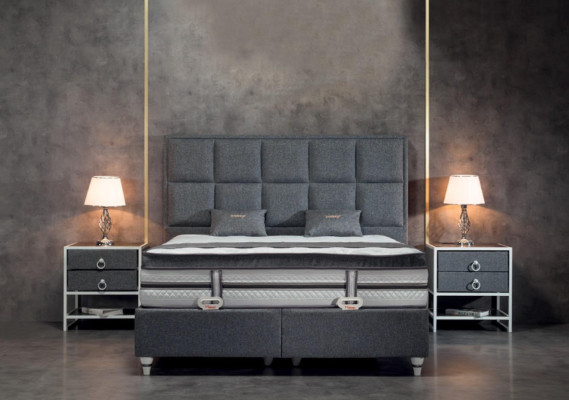 Conjunto de dormitorio gris Cama Diseño Moderno Lujo 2x Mesitas de Noche 3 piezas