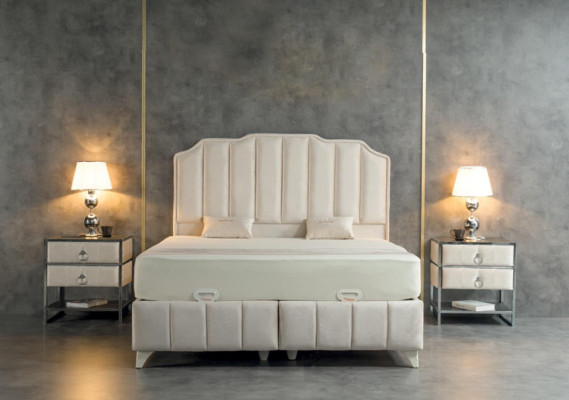 Dormitorio beige de lujo de metal con cama y 2 mesitas de noche elegantes de 3 piezas