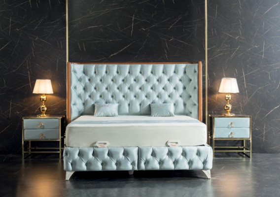 Dormitorio Set Blanco Cama de Metal Estilo Chesterfield de Lujo 2 Mesitas de Noche 3 Piezas.