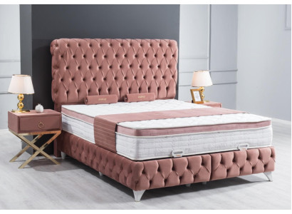 Cama Boxspring Rosa Chesterfield Diseño Elegante de Lujo con 2 Mesitas de Noche 3 Piezas.