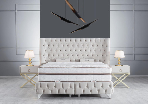 Set de dormitorio blanco Cama boxspring Chesterfield Elegante 2 mesitas de noche 3 piezas.