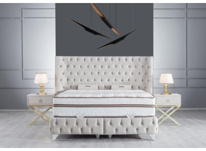 Set de dormitorio blanco Cama boxspring Chesterfield Elegante 2 mesitas de noche 3 piezas.