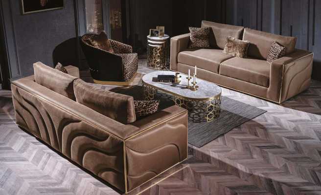 Terciopelo Sofá de lujo Muebles de salón Tela Sofás de tres plazas Marrón