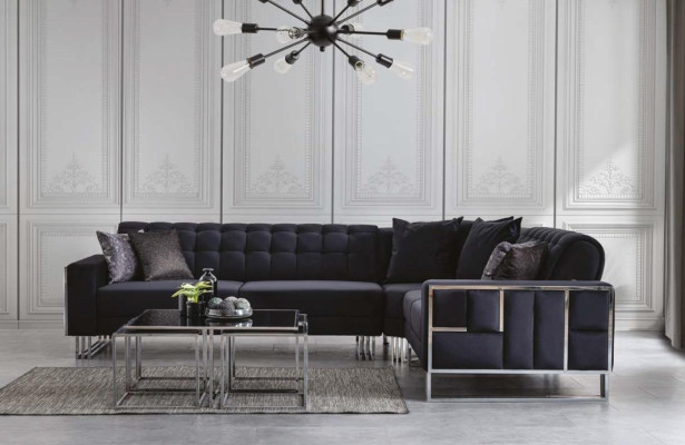 Sofá esquinero de lujo de tela, conjunto de esquina de muebles de sofá de elementos de metal.