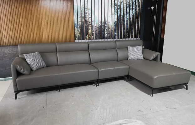 Sofá esquinero de forma L, conjunto de sofás para salón con esquina acolchada, sofá gris de cuero.