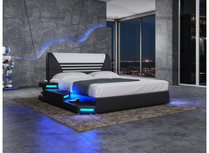 Camas Elegante cama doble de diseñador Muebles de cuero tapizados blanco 180x200 NUEVO