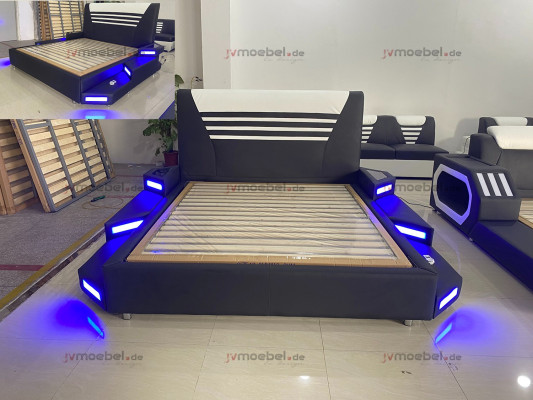 Camas Elegante cama doble de diseñador Muebles de cuero tapizados blanco 180x200 NUEVO