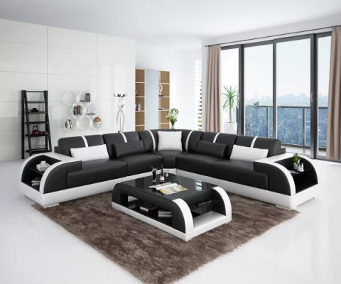Diseño de sofá de esquina moderno para la sala de estar, mueble de esquina, sofá de cuero acolchado.