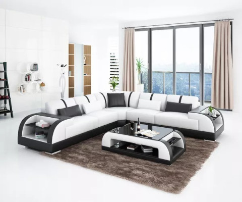 Diseño de sofá de esquina moderno para la sala de estar, mueble de esquina, sofá de cuero acolchado.