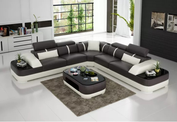 Sofá de esquina para sala de estar en diseño de sofá de esquina, muebles modernos con cojines de cuero.