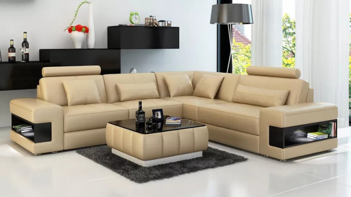 Diseño de sofá en esquina decorativo, muebles de sala de estar, sofá de esquina moderno con cojines de cuero.