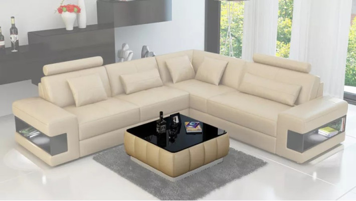 Diseño de sofá en esquina decorativo, muebles de sala de estar, sofá de esquina moderno con cojines de cuero.