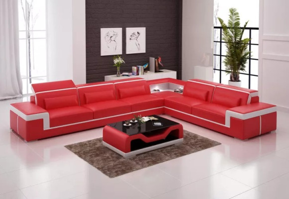 Diseño de sala de estar Sofá esquinero Muebles Sofá de esquina con cojines de cuero Sofá en forma de L + mesa