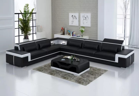 Diseño de sala de estar Sofá esquinero Muebles Sofá de esquina con cojines de cuero Sofá en forma de L + mesa