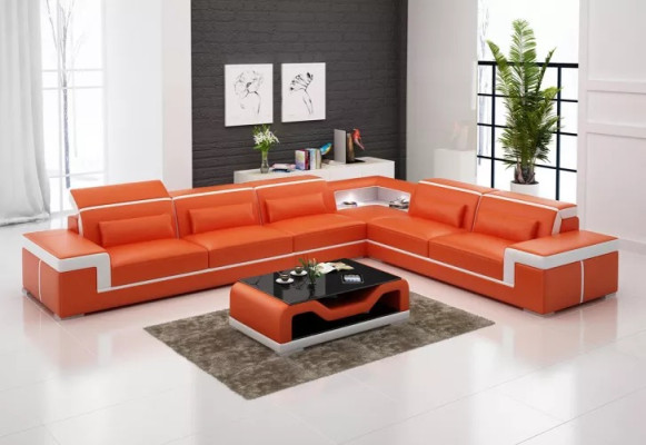 Diseño de sala de estar Sofá esquinero Muebles Sofá de esquina con cojines de cuero Sofá en forma de L + mesa
