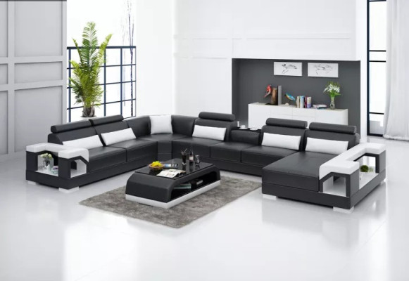 Sofá de esquina de diseño, muebles de salón, decoración, sofá de esquina moderno con cojines de cuero.