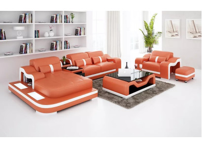 Sofá moderno, sofá rinconero en forma de L, sillón decorativo, mesa de centro, taburete, sofá rinconero, tapicería.