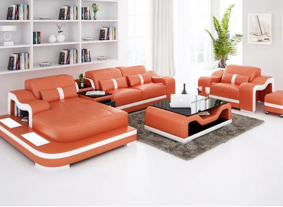 Sofá moderno, sofá rinconero en forma de L, sillón decorativo, mesa de centro, taburete, sofá rinconero, tapicería.