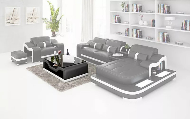 Sofá moderno, sofá rinconero en forma de L, sillón decorativo, mesa de centro, taburete, sofá rinconero, tapicería.