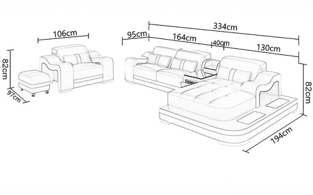 Sofá moderno, sofá rinconero en forma de L, sillón decorativo, mesa de centro, taburete, sofá rinconero, tapicería.