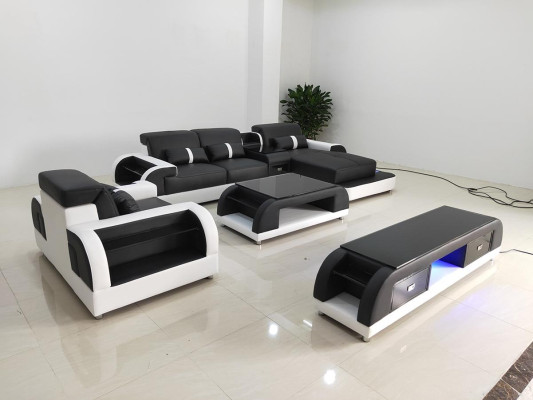 Sofá esquinero de cuero conjunto de sala de estar moderno en forma de L, mesa de centro.