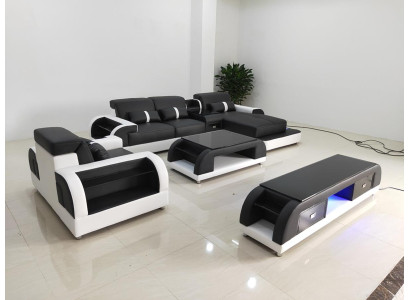Sofá esquinero de cuero conjunto de sala de estar moderno en forma de L, mesa de centro.