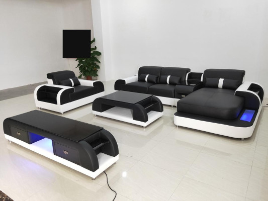 Sofá esquinero de cuero conjunto de sala de estar moderno en forma de L, mesa de centro.