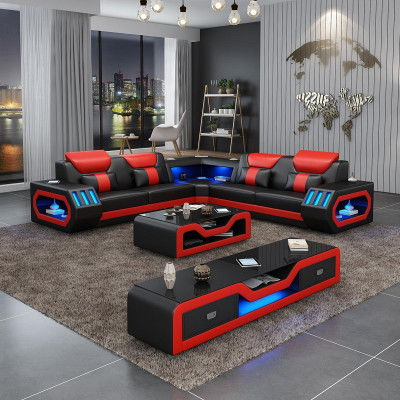 Sofá de esquina en forma de L Mesa de centro Sofá Diseño Acolchado Cuero Moderno Azul Mesa nuevo