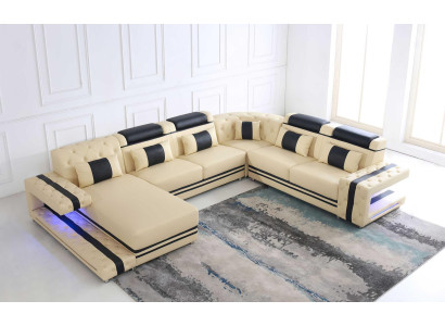 Cuero Acolchado Asiento Diseño Moderno Esquina Sofá Conjunto de salón en forma de U con USB LED