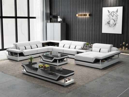 Sofá esquinero beige con mesa de centro, set de sofá de cuero para sala de estar de 2 piezas.