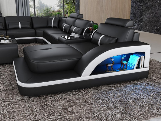 Sofá esquinero negro con mesa de centro de 2 piezas. Set de sofá de cuero para sala de estar con esquinera y mesa.