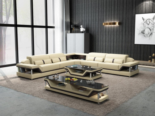 Sofá esquinero negro con mesa de centro de sofá de 3 piezas. Conjunto de sala de estar de sofá de cuero con mesa esquinera.