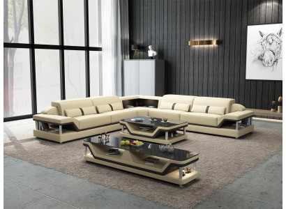 Sofá esquinero negro con mesa de centro de sofá de 3 piezas. Conjunto de sala de estar de sofá de cuero con mesa esquinera.